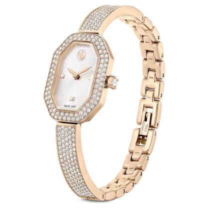 Rose gold watch with diamond-studded bracelet on a white background