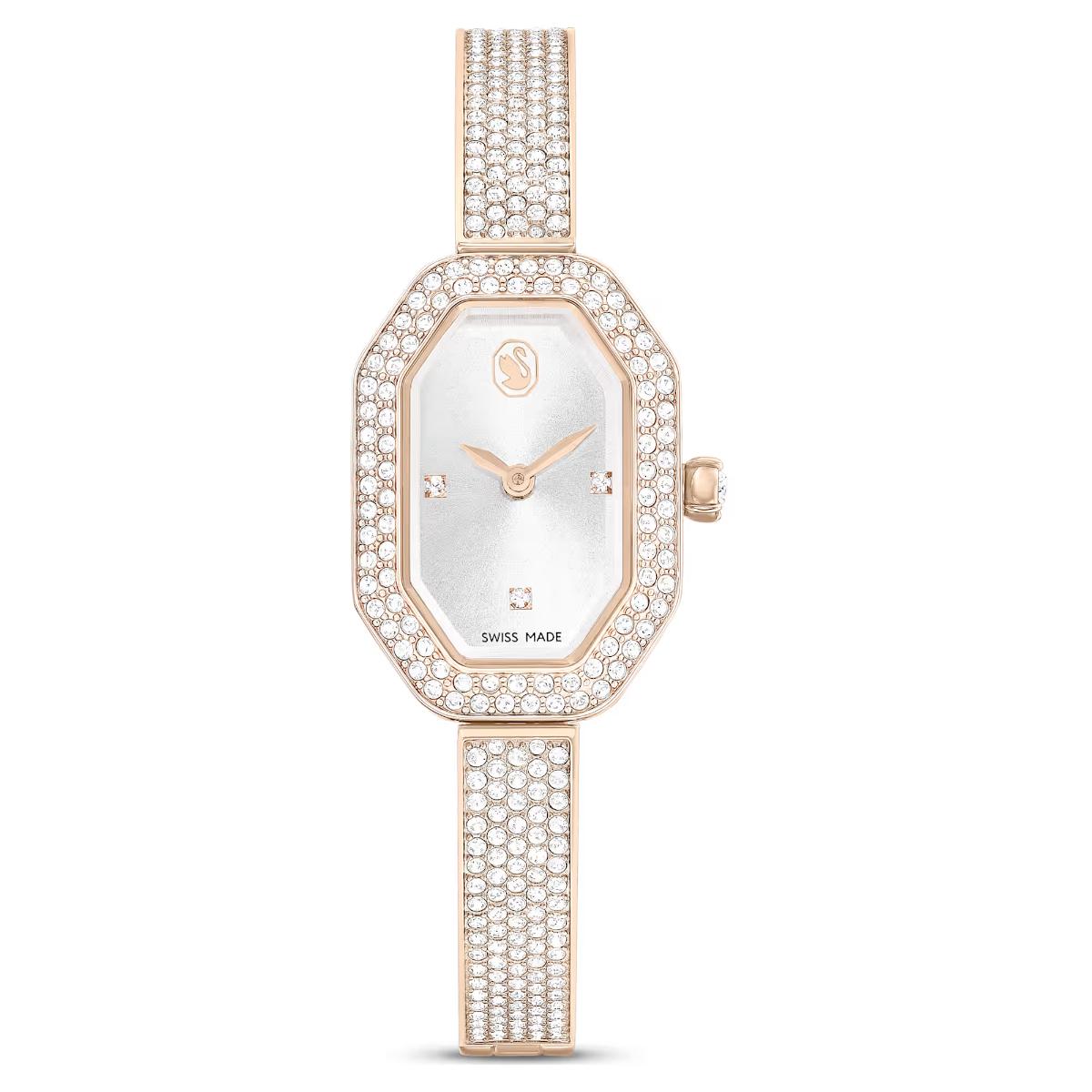 Luxury watch with rose gold case and diamond-studded bracelet on a white background