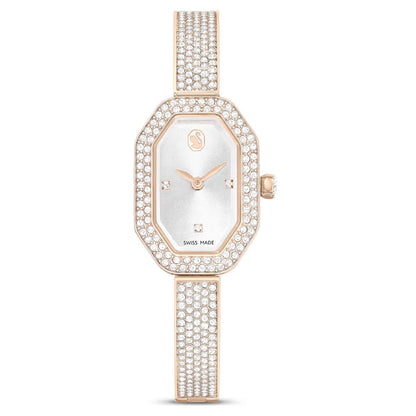 Luxury watch with rose gold case and diamond-studded bracelet on a white background