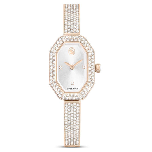 Luxury watch with rose gold case and diamond-studded bracelet on a white background