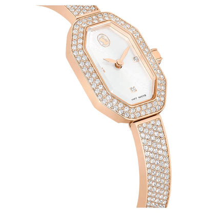 Rose gold watch with diamond-studded bezel and strap on a white background