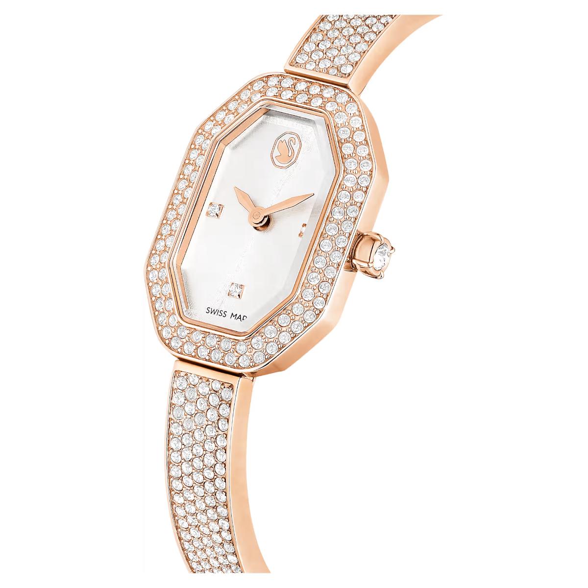 Luxury watch with rose gold case and bracelet on a white background