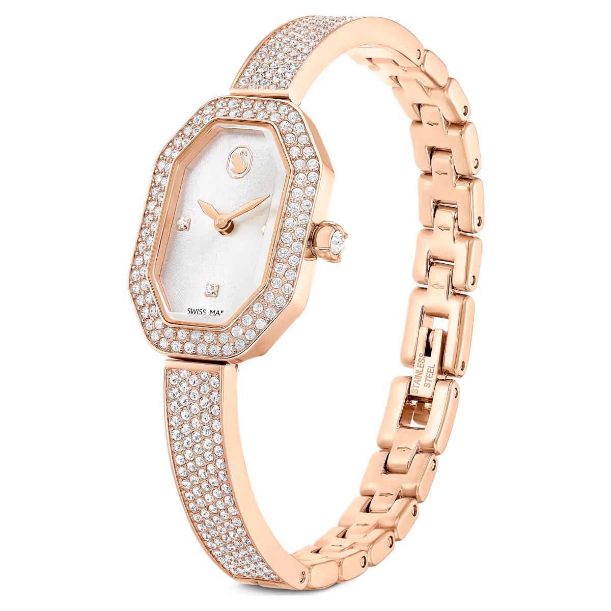 Rose gold watch with diamond-studded band on a white background