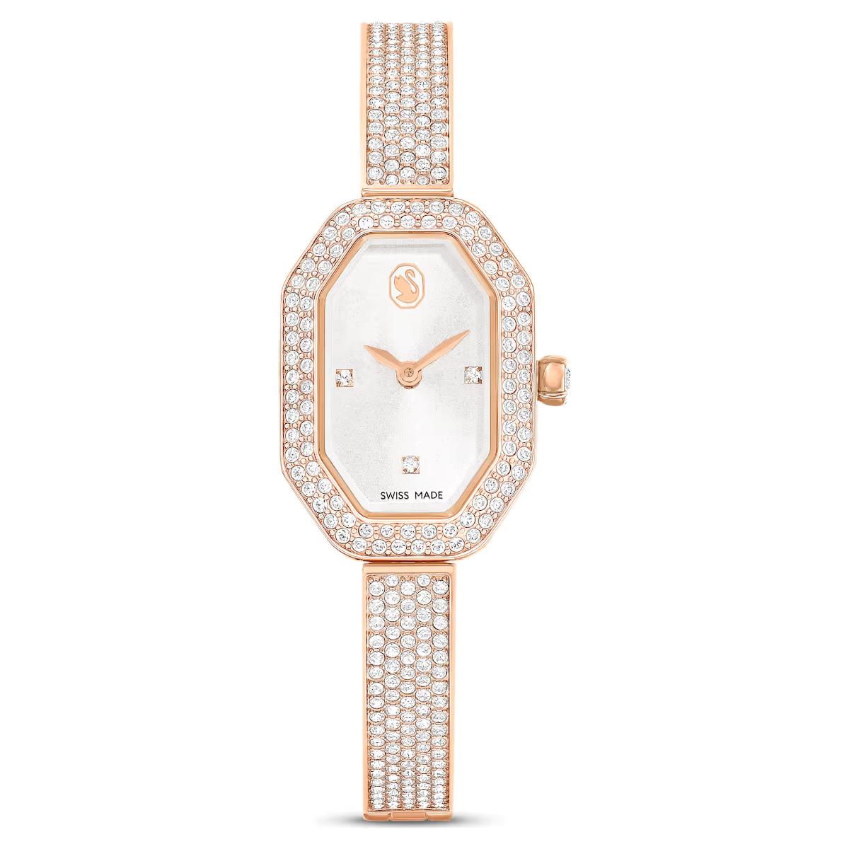 Luxury watch with rose gold case and bracelet on a white background