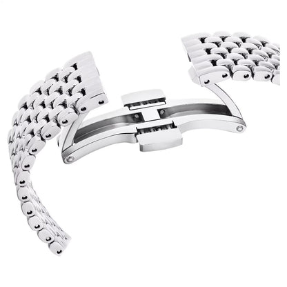 Silver metal bracelet on a white background