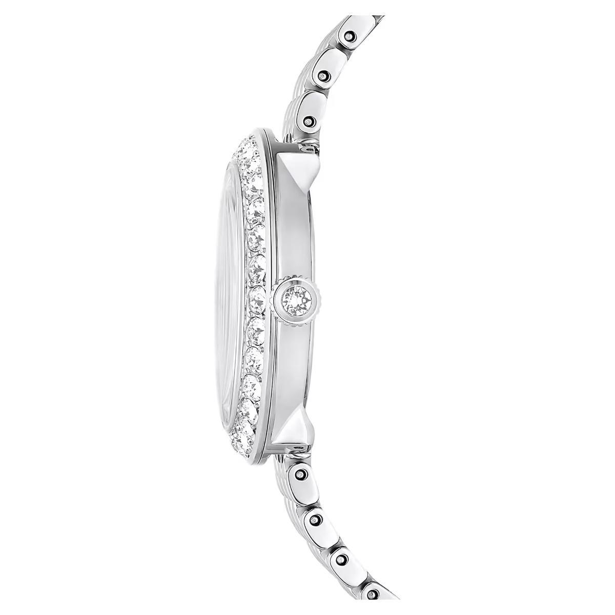 Silver bracelet with diamond accents on a white background