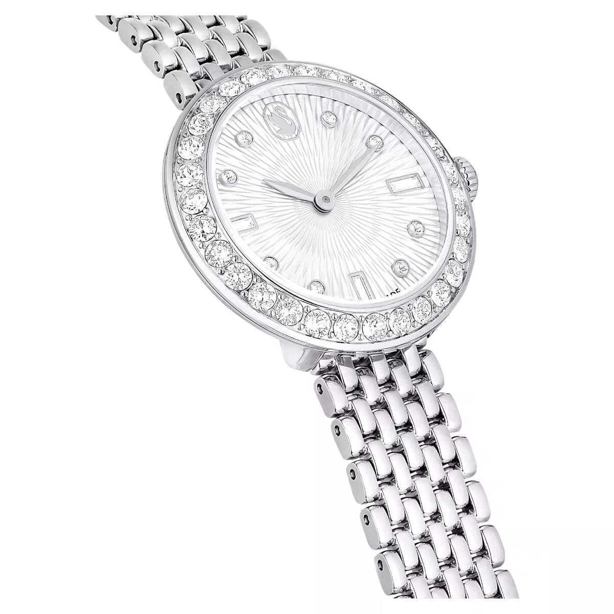 Silver watch with diamond-studded face on a white background