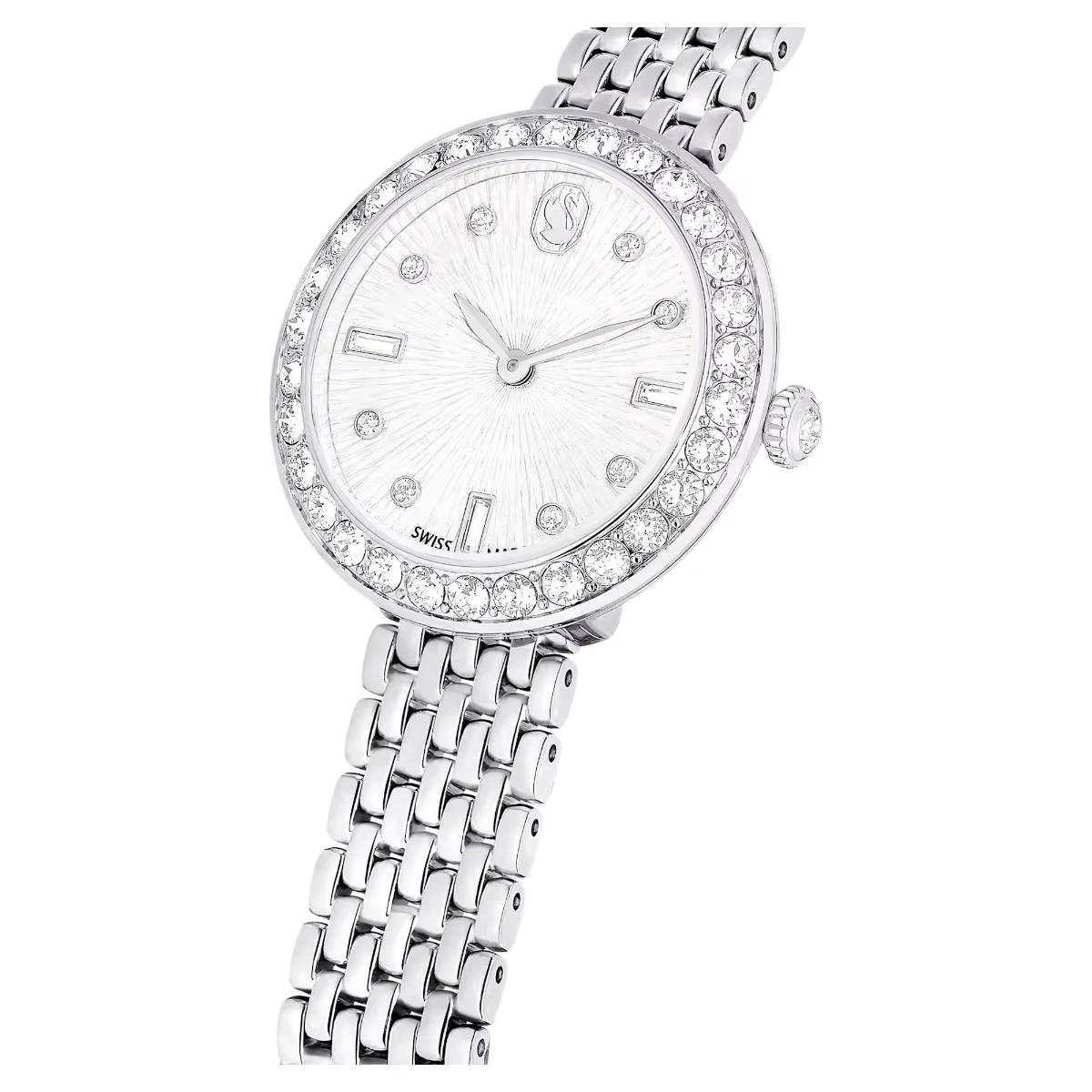 Silver watch with crystal-studded face on a white background