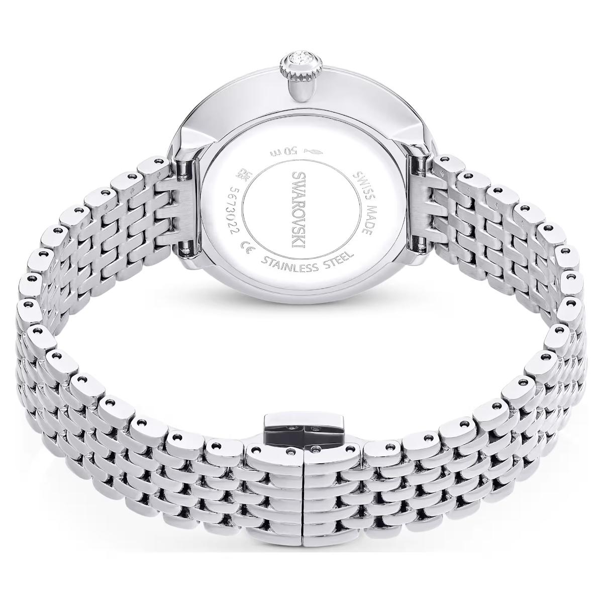 Silver Swarovski watch with metal bracelet on a white background