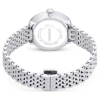 Silver Swarovski watch with metal bracelet on a white background