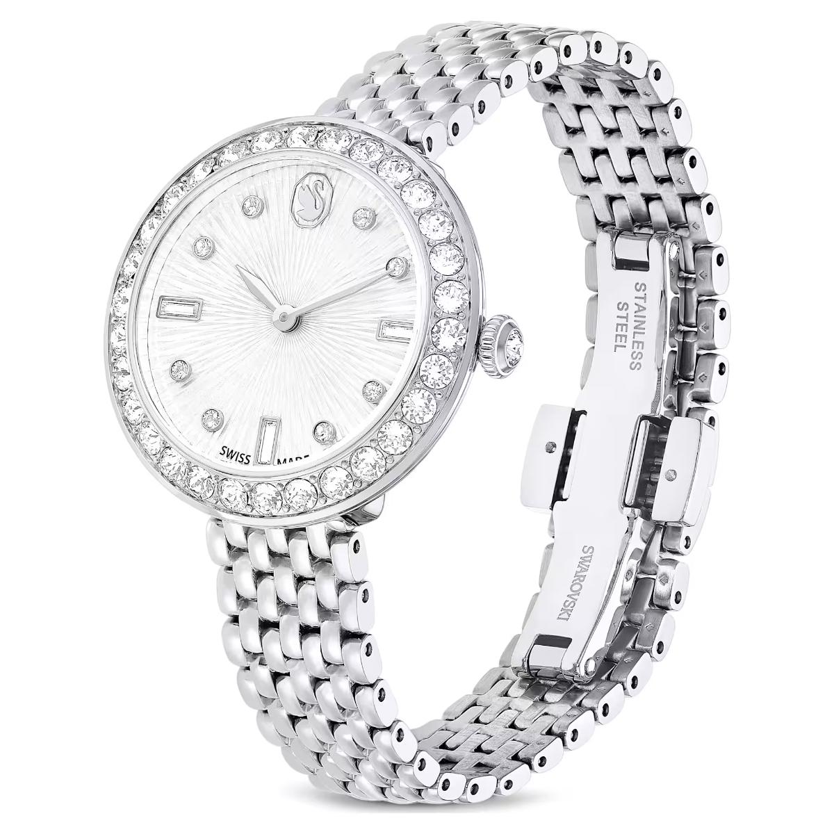 Silver watch with crystal embellishments on a white background