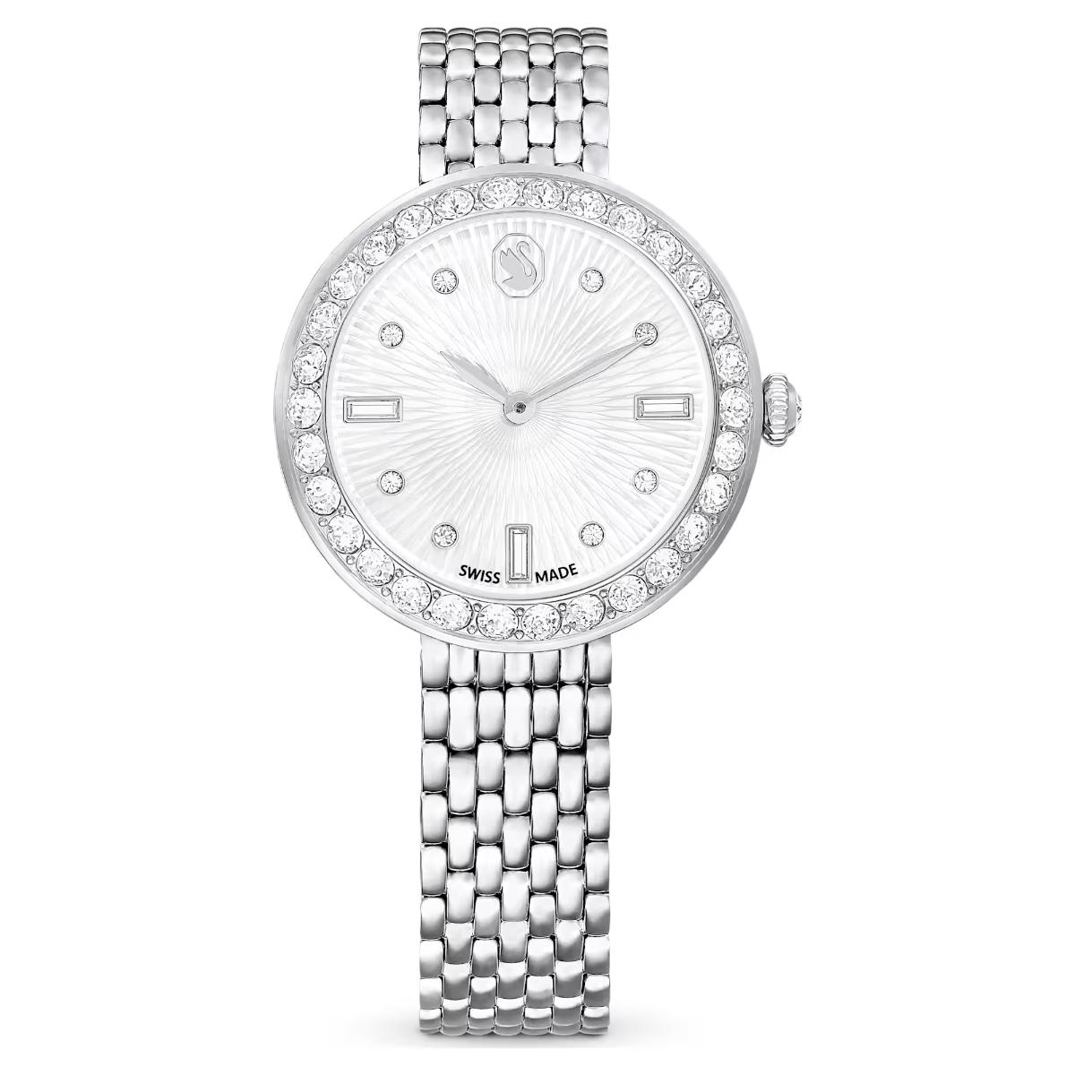 Silver watch with diamond-studded face on a white background