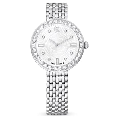 Silver watch with diamond-studded face on a white background