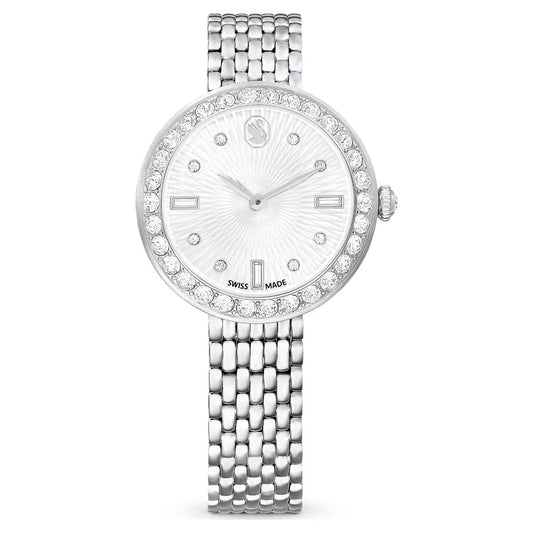 Silver watch with diamond-studded face on a white background