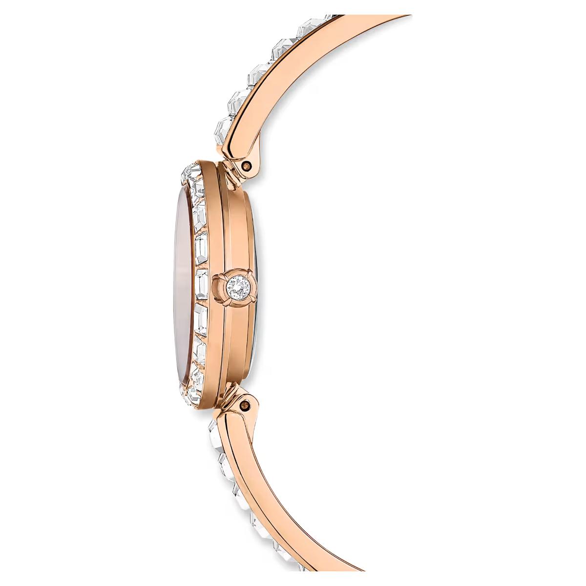 Rose gold watch with diamond accents on a white background