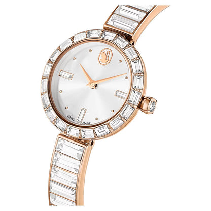 Luxury watch with rose gold case and crystal accents on a white background