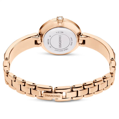 Rose gold Swarovski watch on a white background