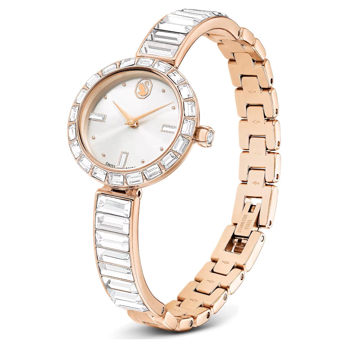 Rose gold watch with crystal accents on a white background