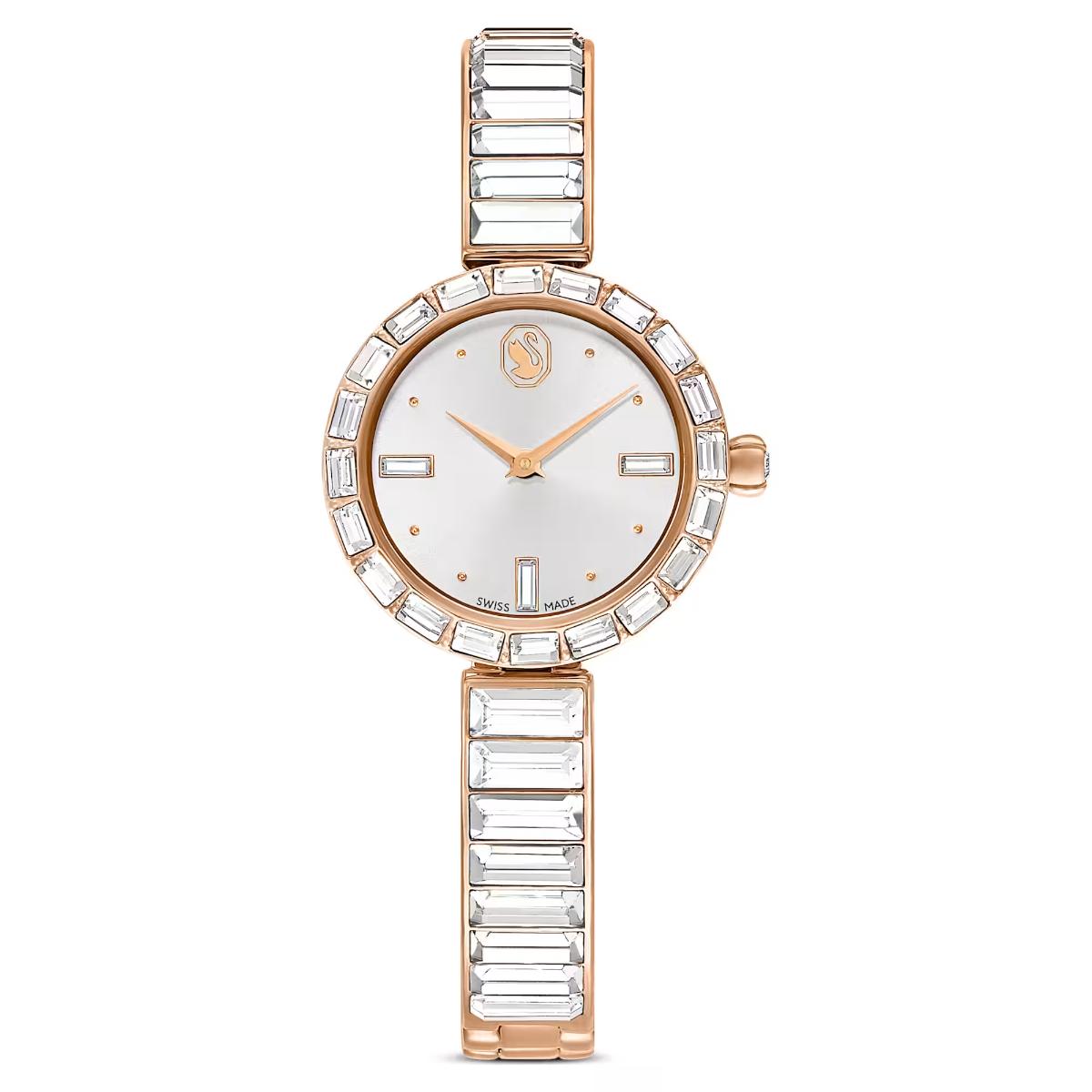 Rose gold watch with crystal accents on a white background