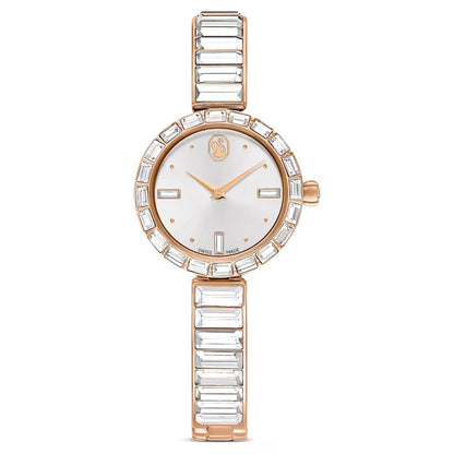 Rose gold watch with crystal accents on a white background