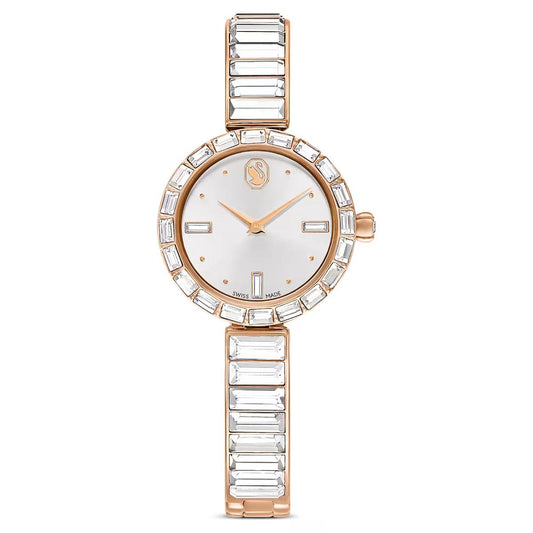 Rose gold watch with crystal accents on a white background