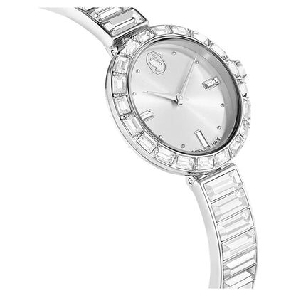 Silver watch with crystal embellishments on a white background