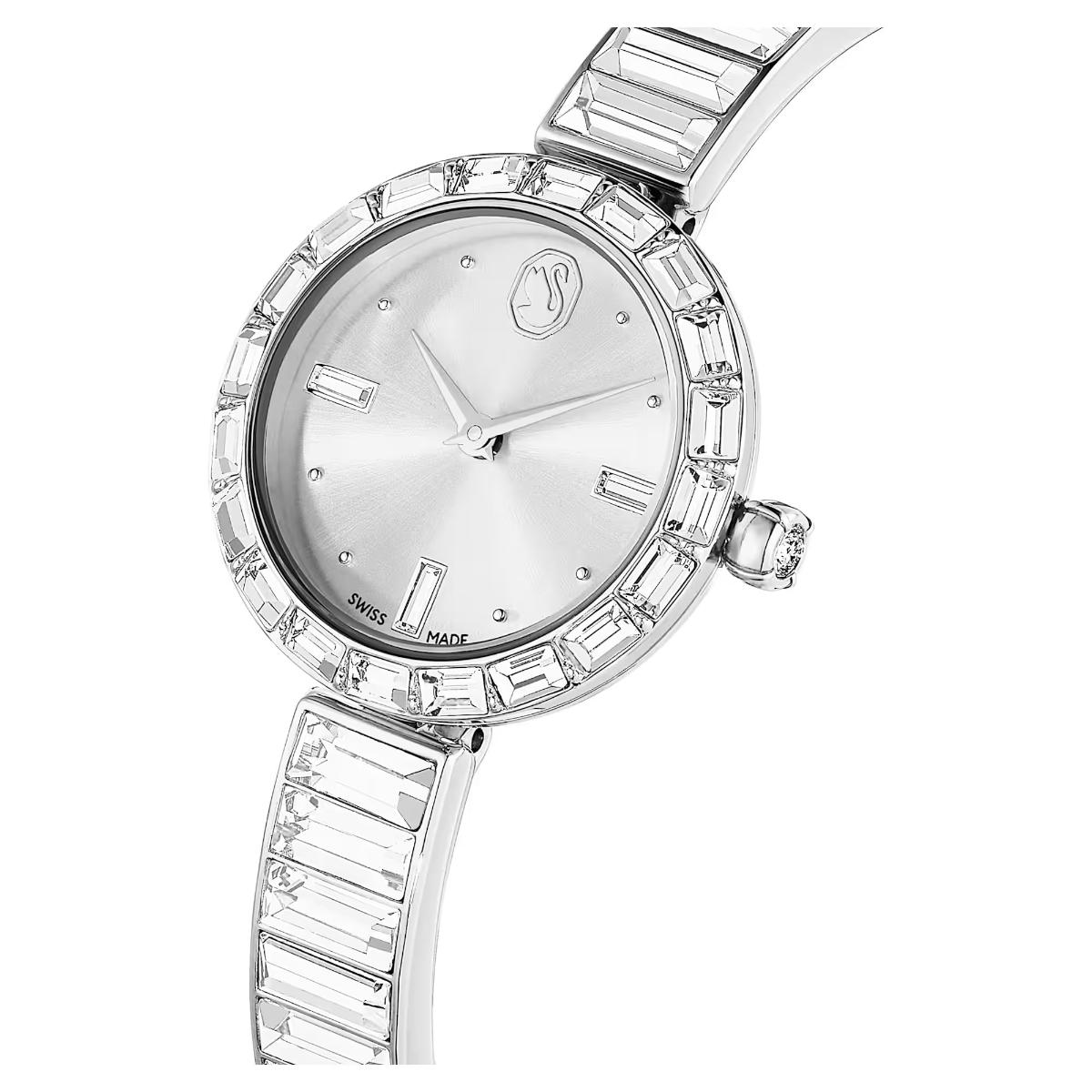 Silver watch with gemstone accents on a white background