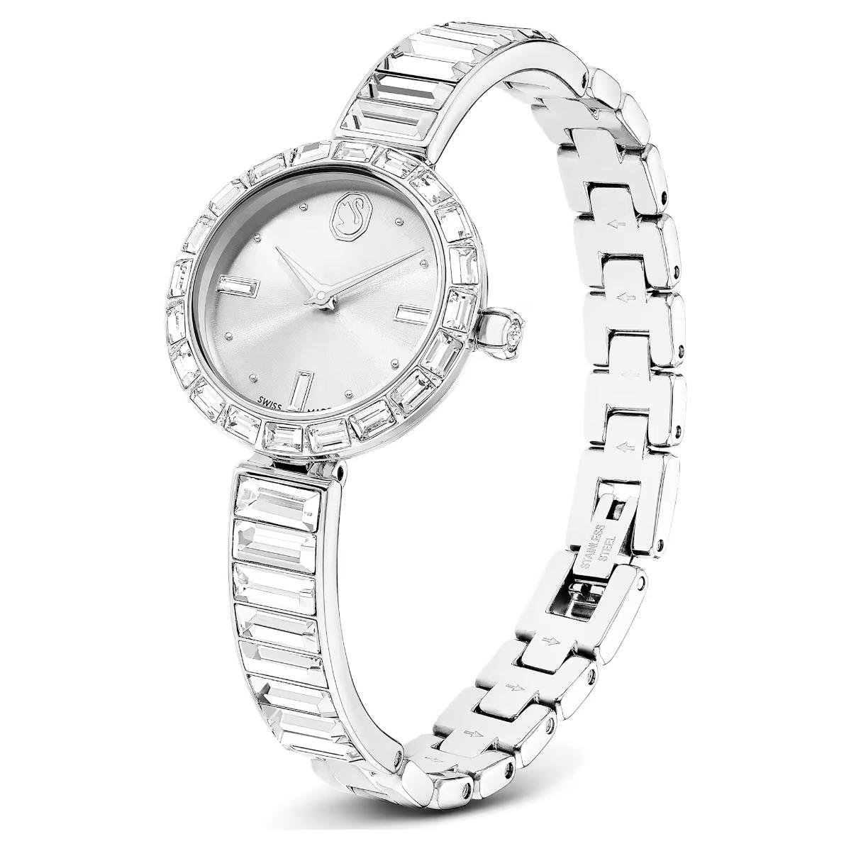 Silver watch with gemstone accents on a white background