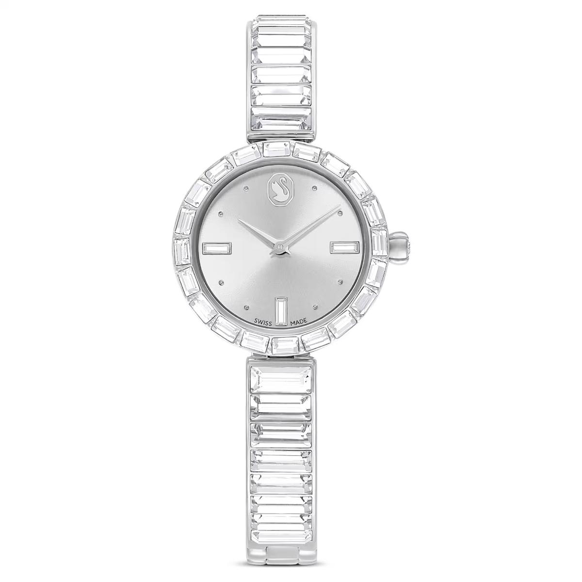 Silver watch with a white face on a white background