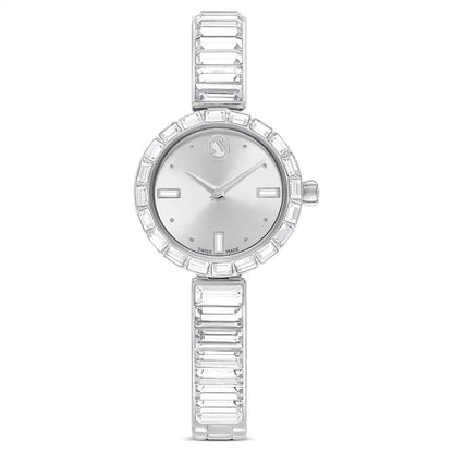 Silver watch with a white face on a white background