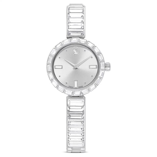 Silver watch with a white face on a white background