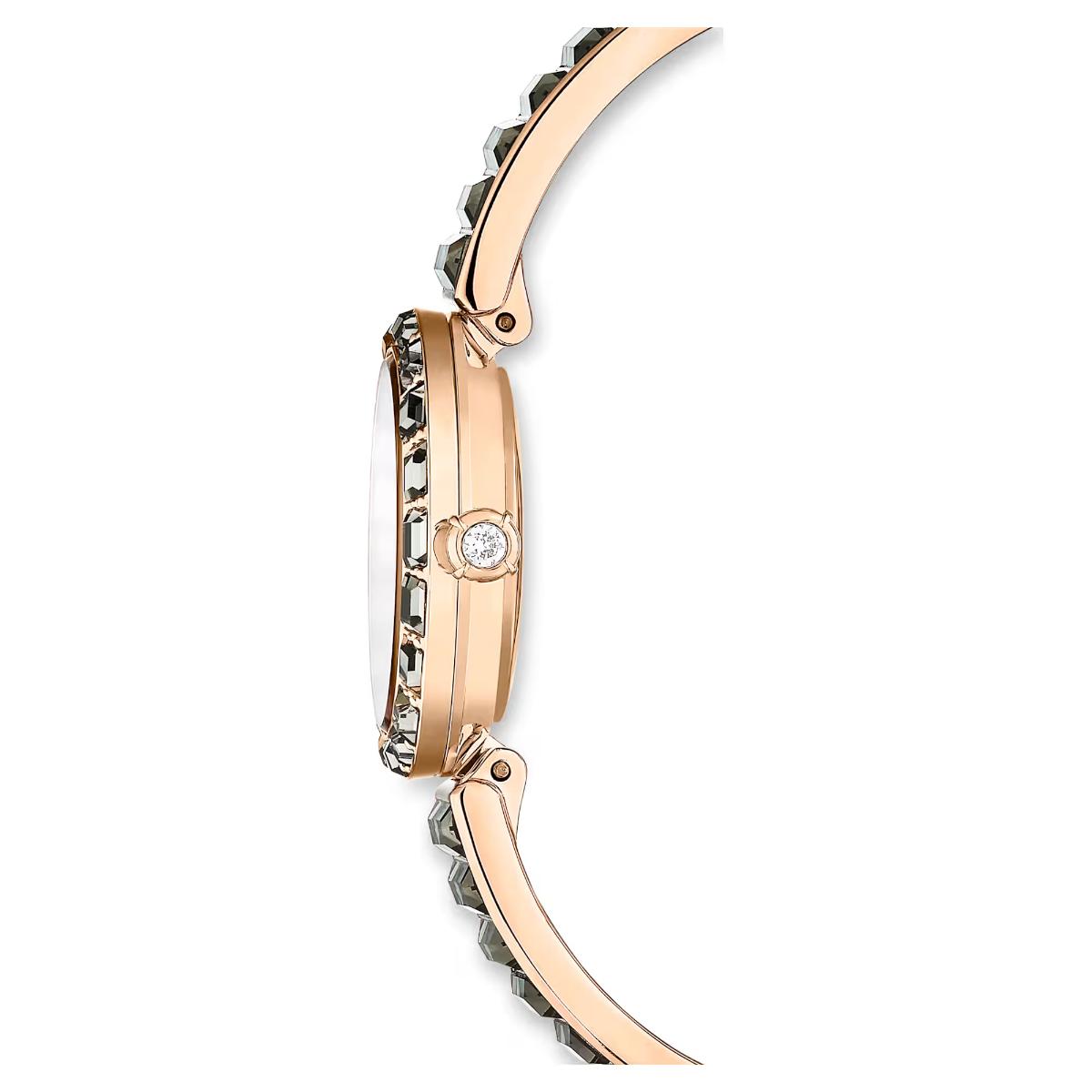 Rose gold watch with diamond accents on a white background