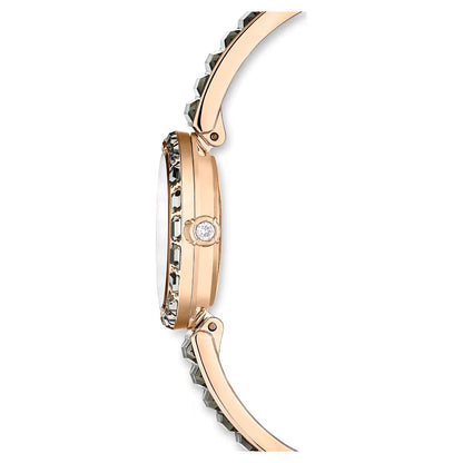 Rose gold watch with diamond accents on a white background