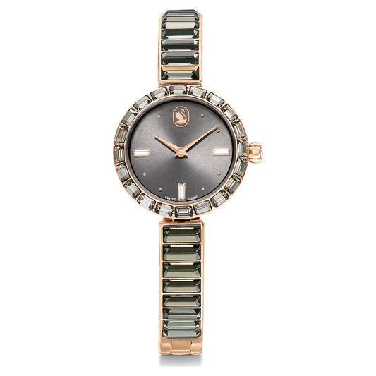 Luxury watch with rose gold and green ceramic band on a white background