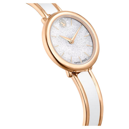 Wristwatch with rose gold case and white strap on a white background