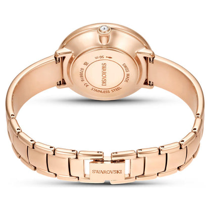 Rose gold Swarovski watch on a white background