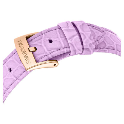 Purple watch strap with gold buckle on a white background