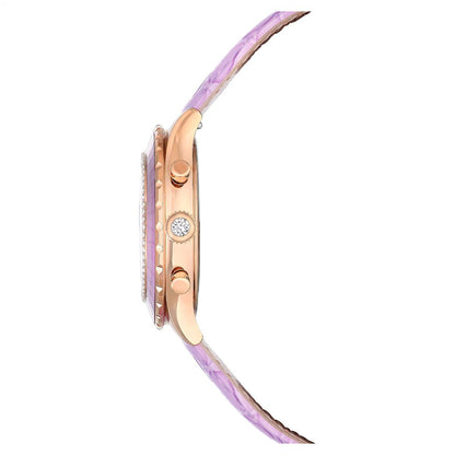 Watch with a purple strap and rose gold case on a white background