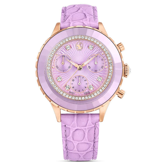 Purple watch with rose gold accents on a white background
