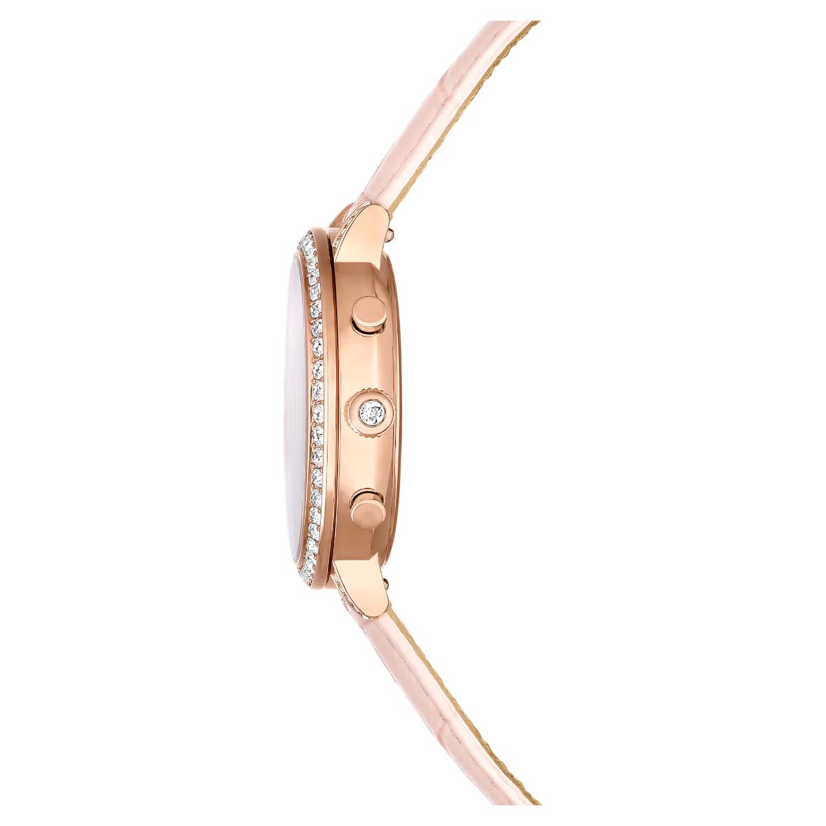 Rose gold watch with diamond accents on a white background