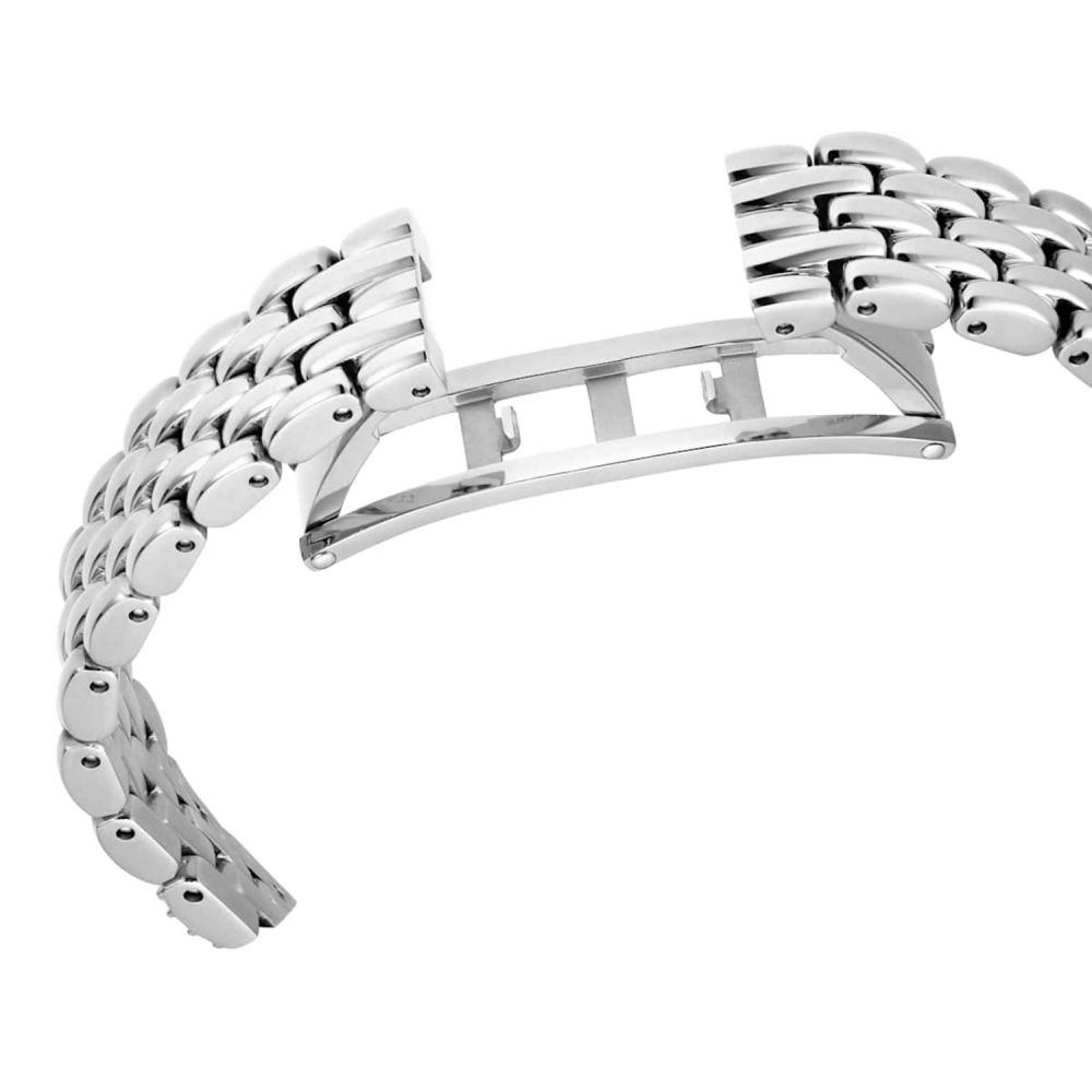 Silver metal bracelet on a white background