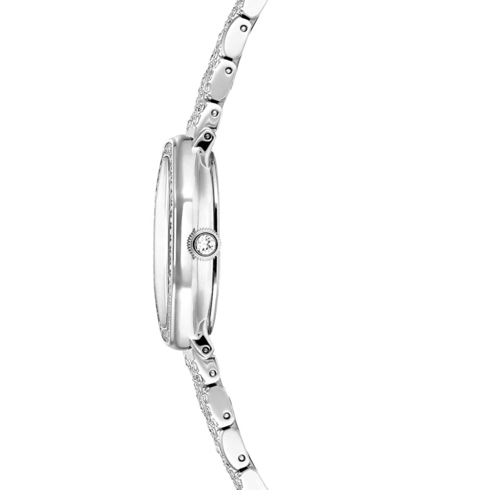 Silver watch with diamond accents on a white background