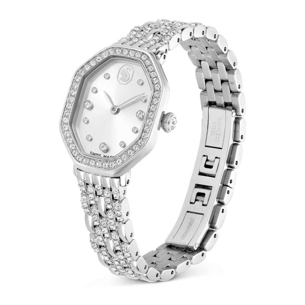 Silver watch with detailed bracelet on a white background