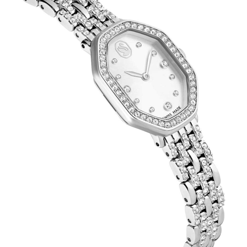 Silver watch with gemstone accents on a white background