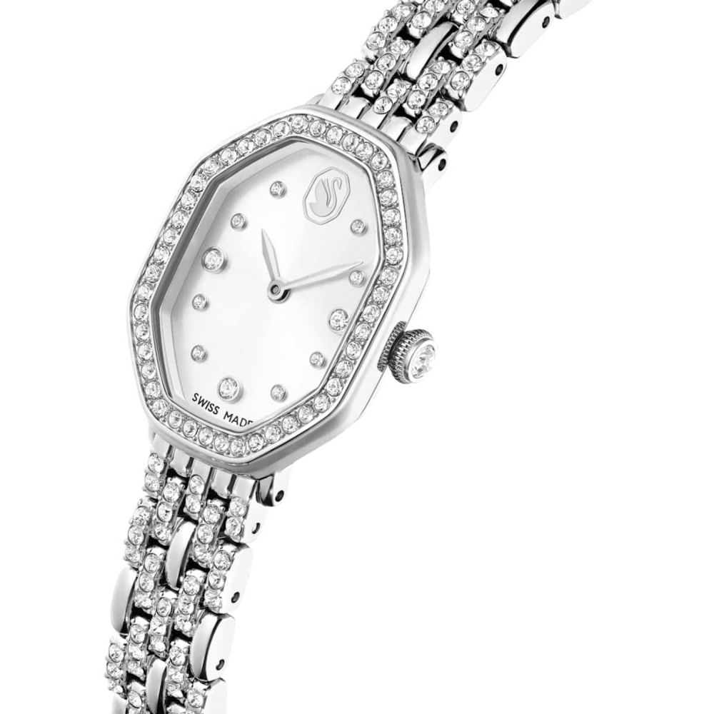 Silver watch with crystal embellishments on a white background