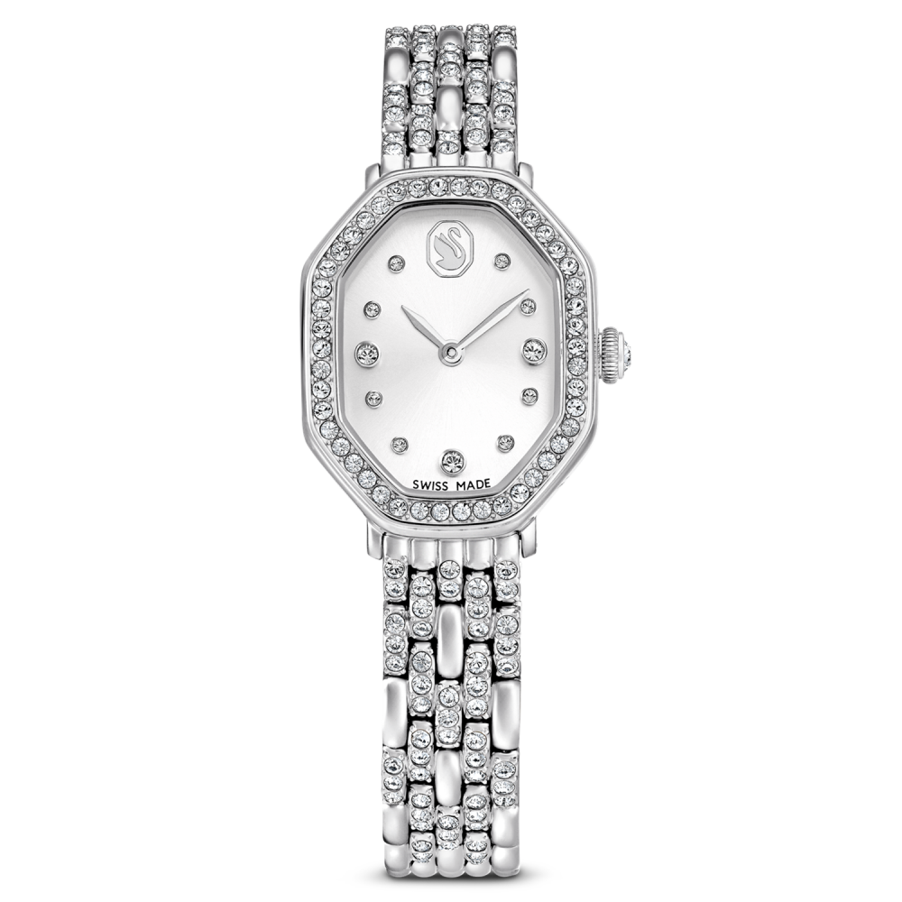 Silver watch with crystal embellishments on a white background