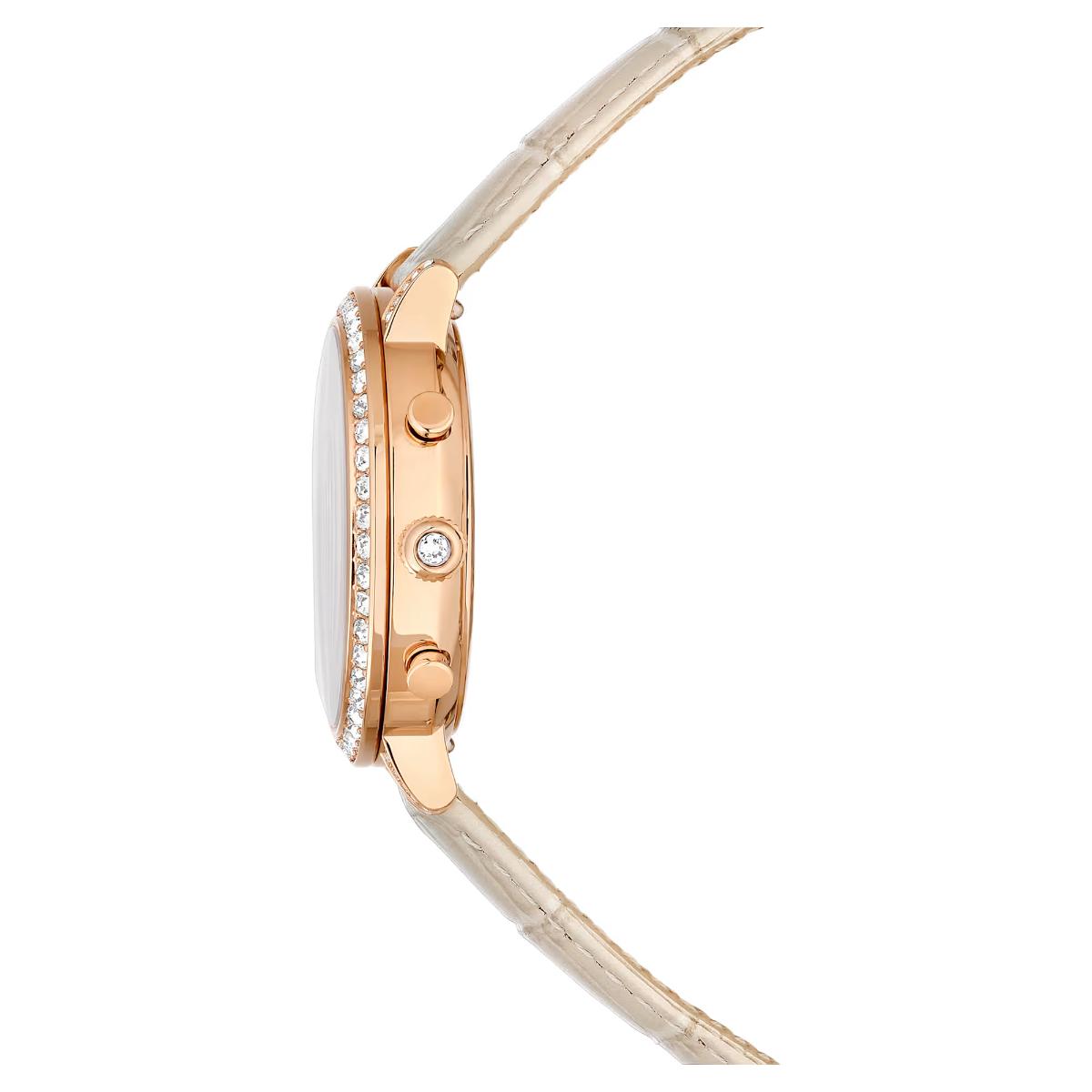 Rose gold watch with diamond-studded face on a white background