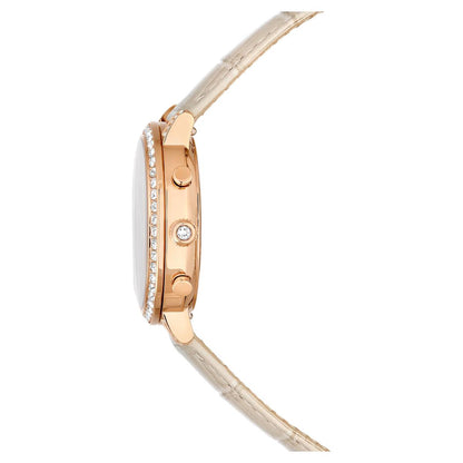Rose gold watch with diamond-studded face on a white background