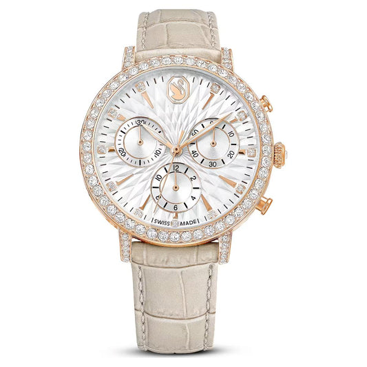 Luxury watch with rose gold case and beige strap on white background