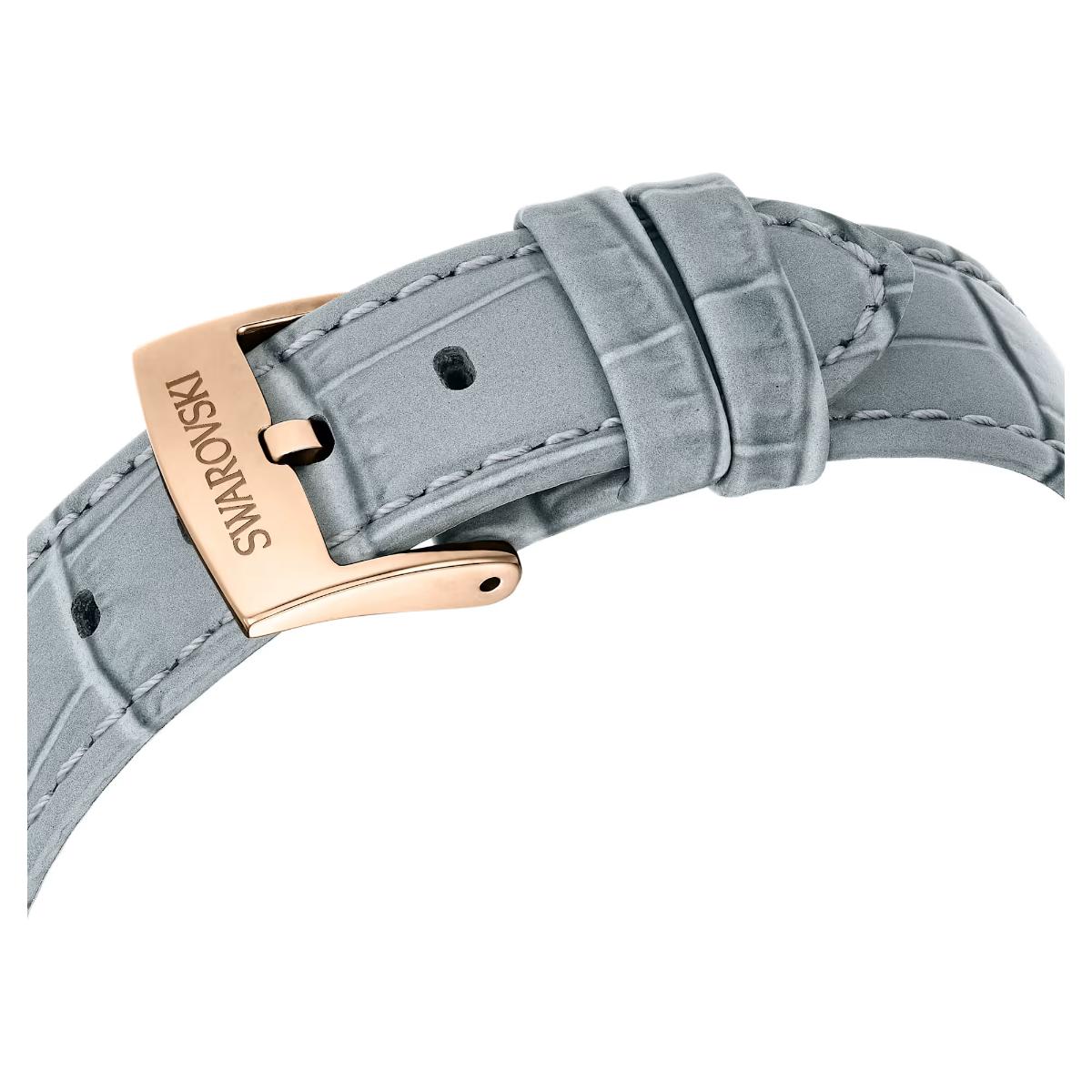 Gray watch strap with rose gold clasp on a white background